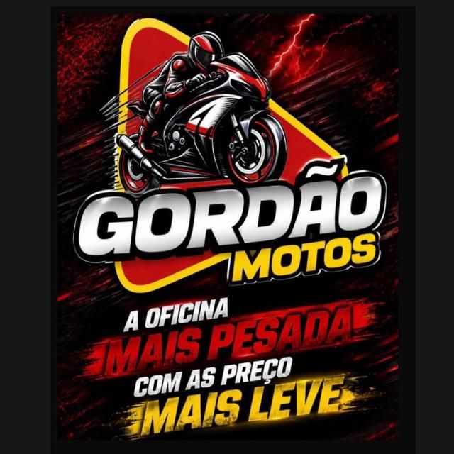Logo da Gordão Motos: motoqueiro em moto esportiva e o slogan a oficina mais pesada com os preços mais leves